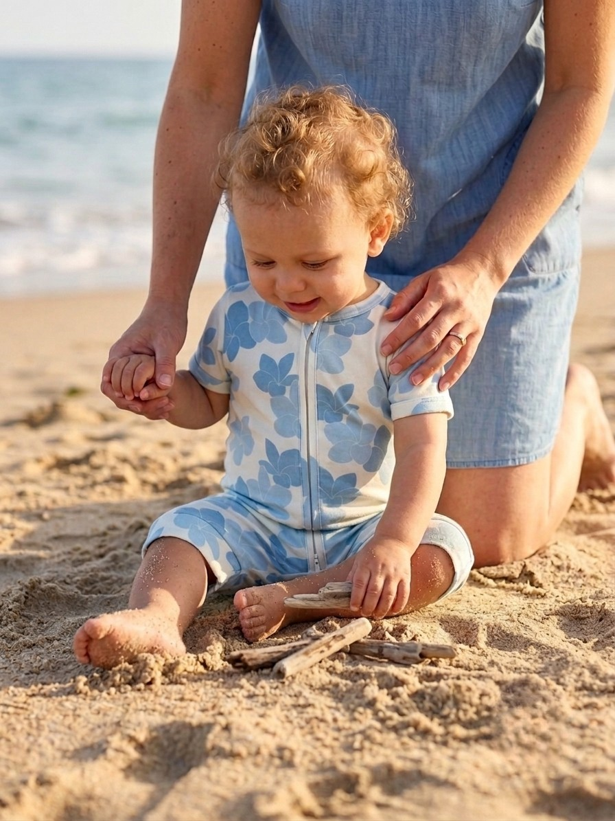 Short-Sleeved Zipper Rompers - Plumeria Sky