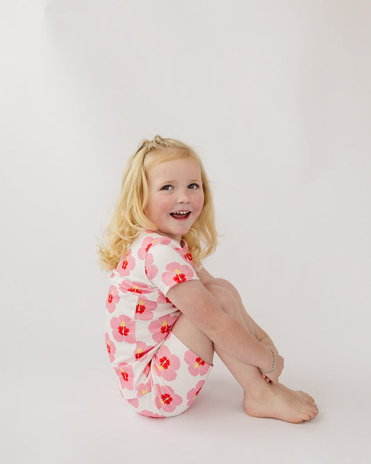 Two-Piece Short Sleeve Pajama Set - Hibiscus in Bloom