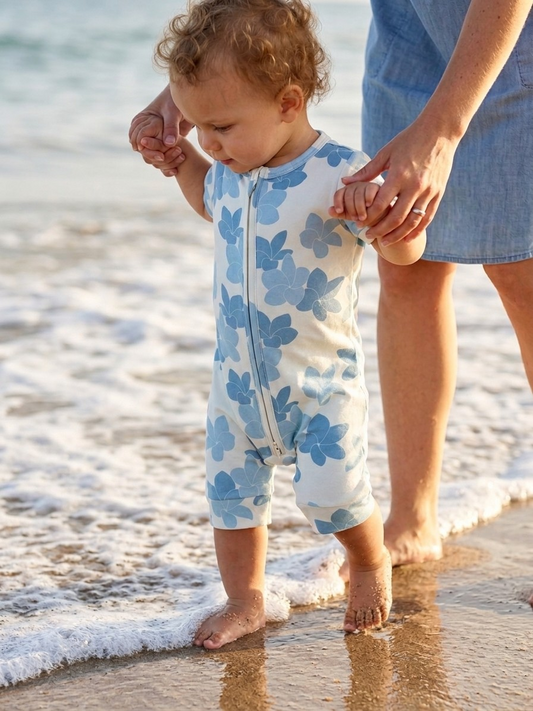 Short-Sleeved Zipper Rompers - Plumeria Sky