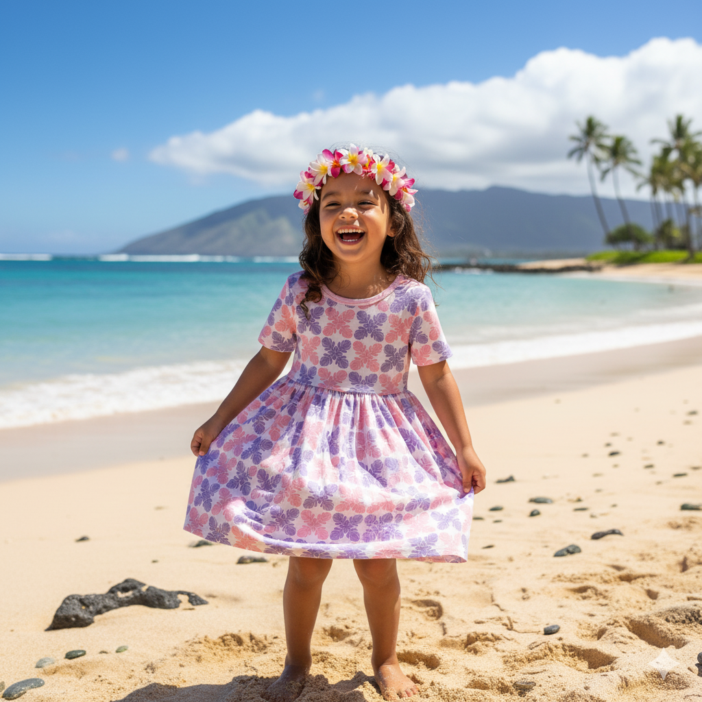 Child in a floral dress and flower crown on a beach with ocean and mountains in the background