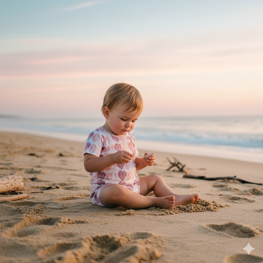 Child playing in the sand on a beach at sunset